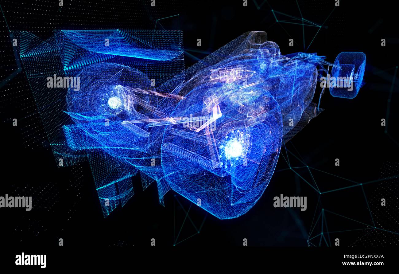 Formel-1-Bolide. Partikelbildung Fahrzeug virtuelles Modell. Digitale Fahrzeugtechnologie-Visualisierung von 3D. Stockfoto