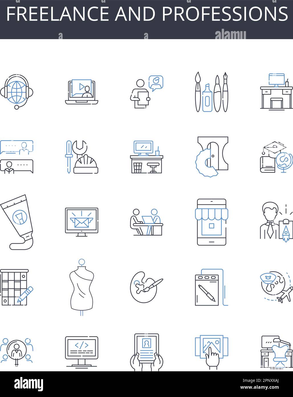 Kollektion mit Symbolen für freiberufliche und berufliche Berufe. Karriere und Berufung, Beruf und Berufung, Arbeit und Beschäftigung, Job und Arbeit, Geschäft und Stock Vektor