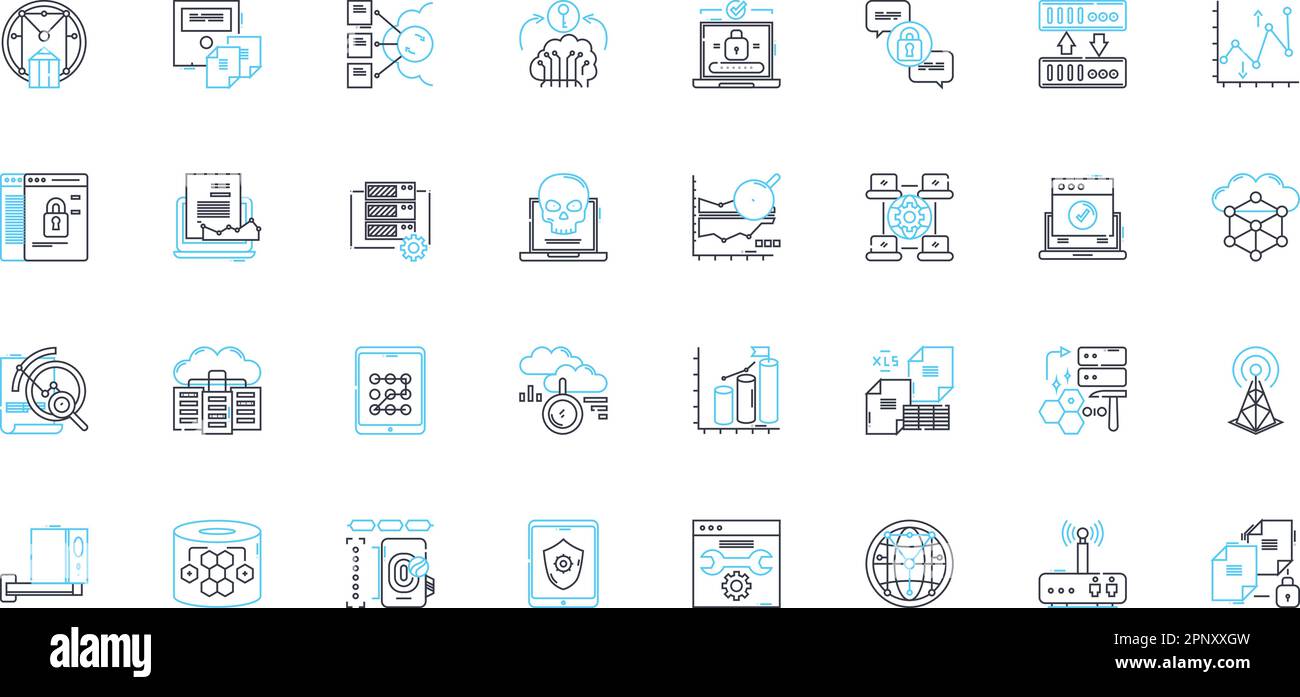 Linearer Symbolsatz für Firewall-Schutz. Sicherheit, Blockieren, Zugriff, Überwachen, Datenschutz, Firewall, Nerk-Line-Vektor und Konzeptschilder. Firewall-Schutz Stock Vektor