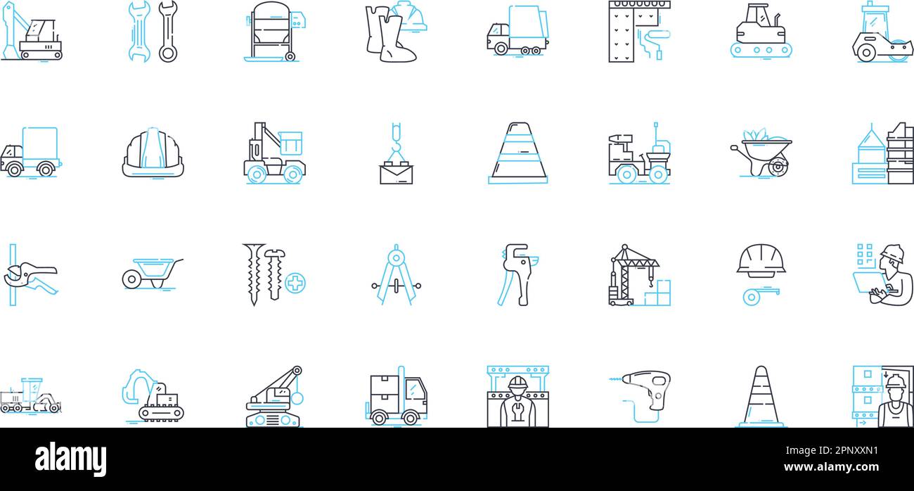Stabile Konstruktion linearer Symbolsatz. Langlebig, Robust, Zuverlässig, Robust, Robust, Solide, widerstandsfähige Linienvektor- und Konzeptzeichen. Stabil, Stabil, Gesichert Stock Vektor
