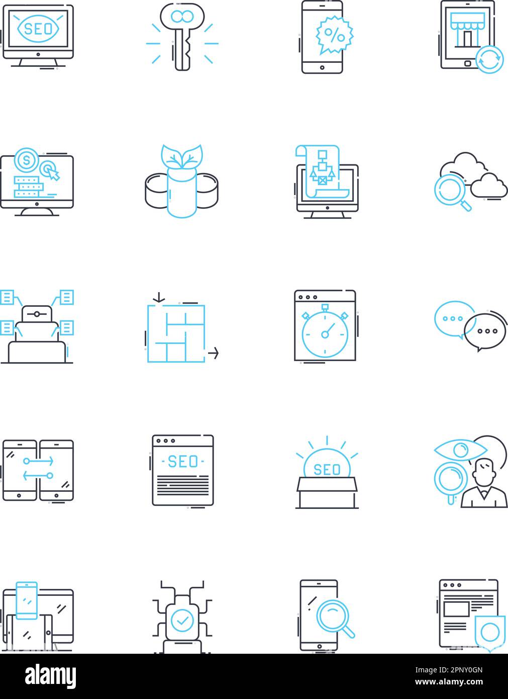 Lineare Symbolgruppe für Marktanalyse. Demografie, Wettbewerb, Trends, Chancen, Wachstum, SWOT, Segmentierungslinienvektor und Konzeptzeichen Stock Vektor