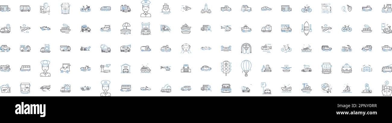 Symbolsammlung für Pendelverkehr. Bus, Zug, U-Bahn, Fahrgemeinschaft, Mitfahrgelegenheit, Fahrrad, Verkehrsvektor und lineare Darstellung. Zu Fuß, Mit Der Straßenbahn, Mit Der Fähre Stock Vektor