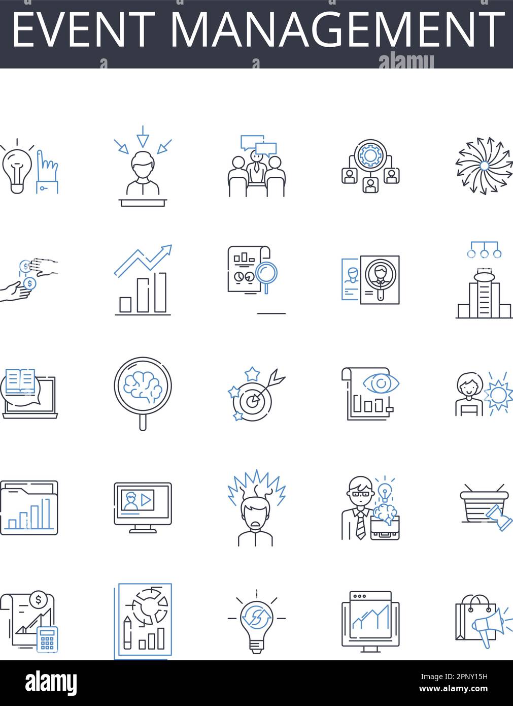 Ereignisverwaltung - Sammlung der Liniensymbole. Projektplanung, Geschäftsstrategie, Markenentwicklung, Marketingkoordination, Kampagnenstrategie, Verkauf Stock Vektor