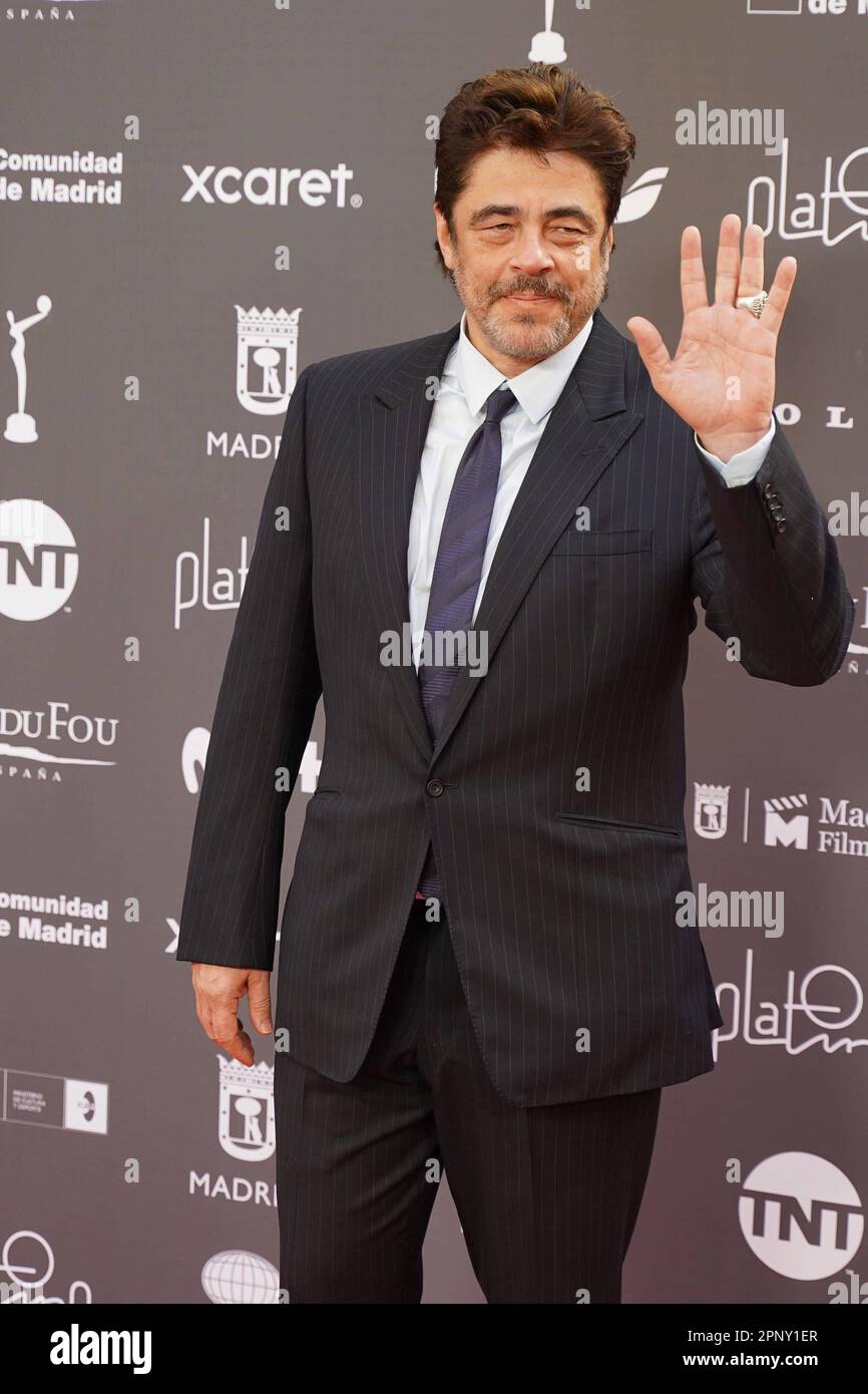 Madrid, Spanien. 21. April 2023. Schauspieler Benicio del Toro bei seiner Ehrung der Ocassion of Platino Awards 2023 in Madrid am Freitag, den 21. April 2023. Kredit: CORDON PRESS/Alamy Live News Stockfoto