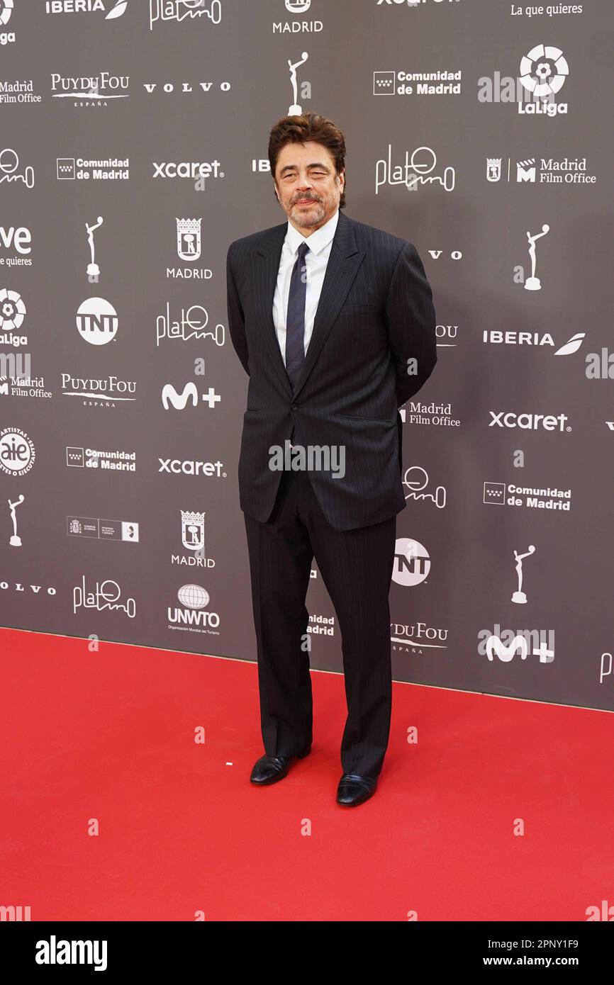 Madrid, Spanien. 21. April 2023. Schauspieler Benicio del Toro bei seiner Ehrung der Ocassion of Platino Awards 2023 in Madrid am Freitag, den 21. April 2023. Kredit: CORDON PRESS/Alamy Live News Stockfoto