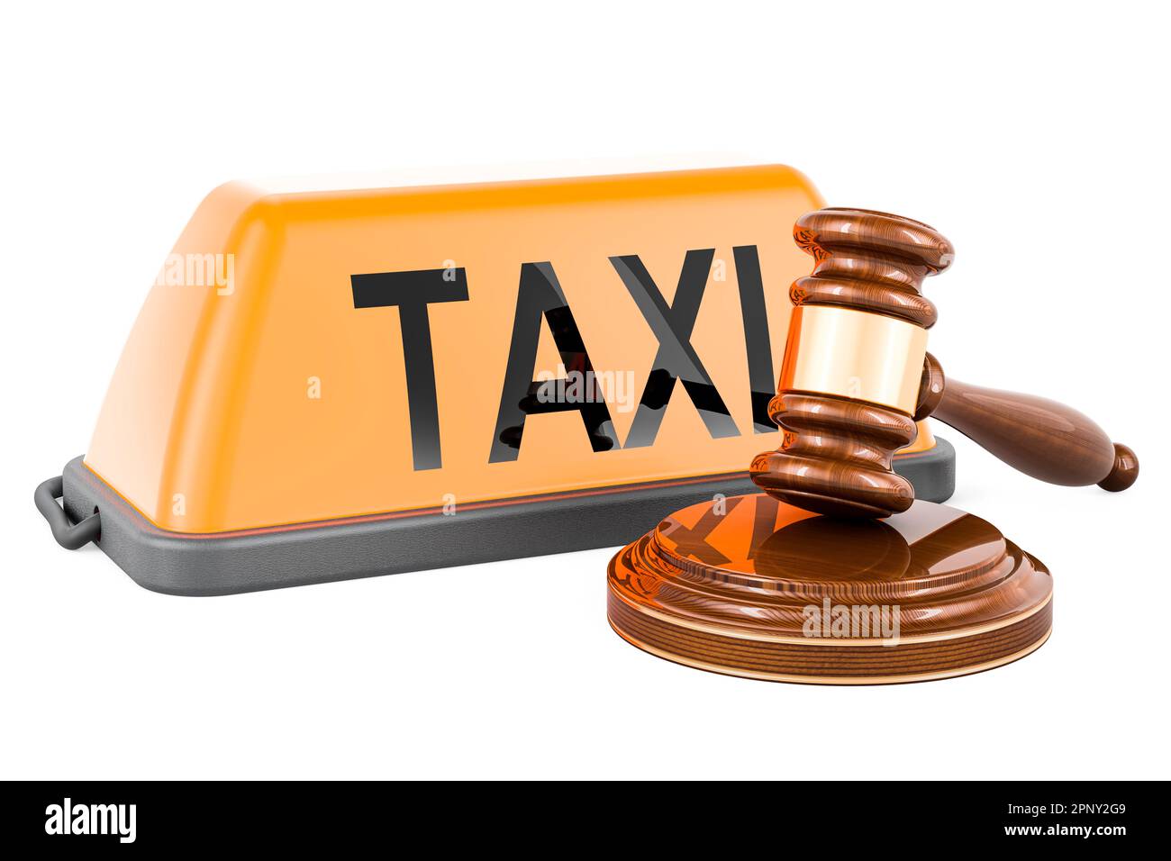 Holzhammer mit Taxi. 3D-Rendering auf weißem Hintergrund isoliert Stockfoto