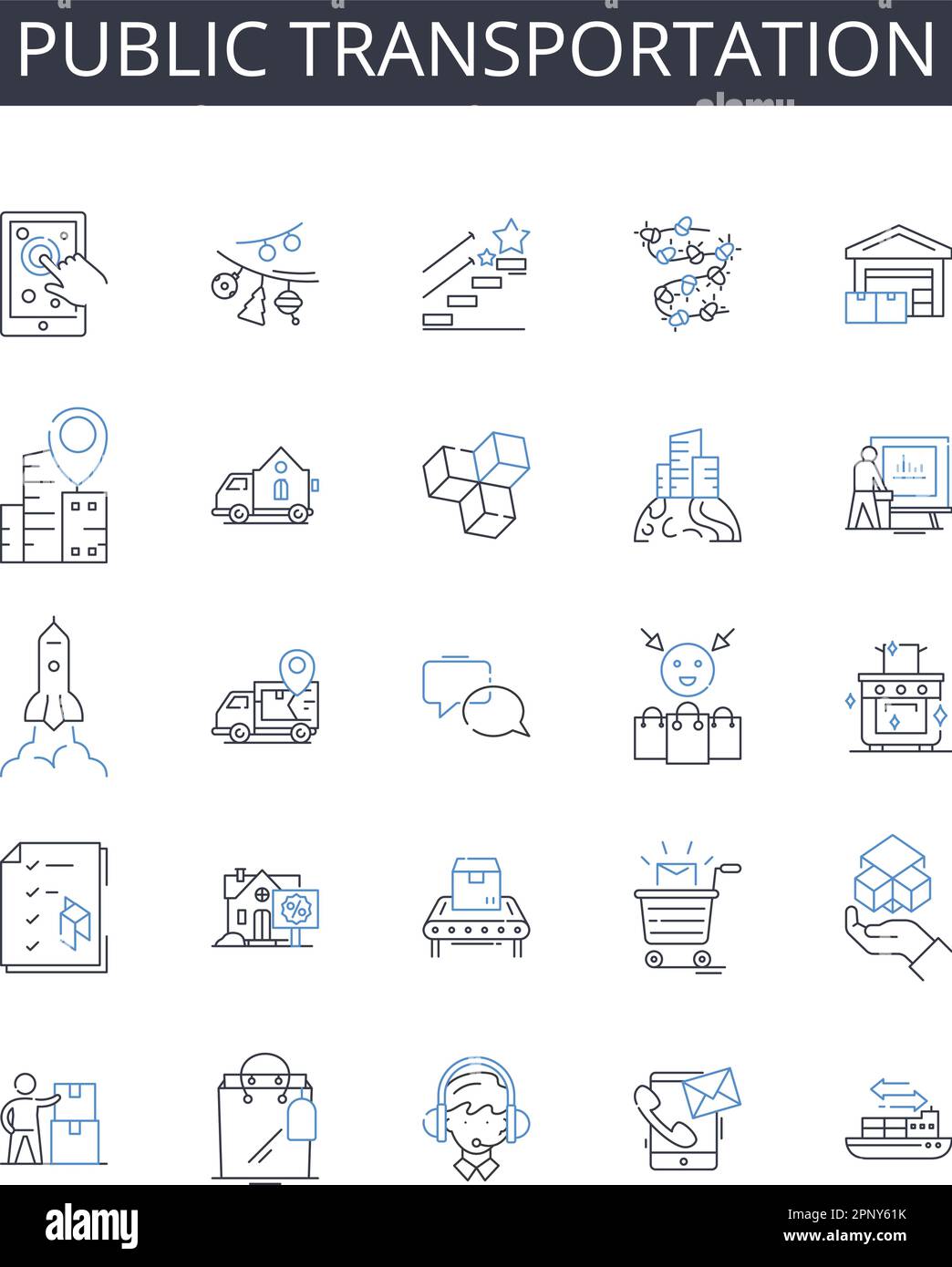 Icons-Sammlung für öffentliche Verkehrsmittel. Öffentlicher Nahverkehr, Pendlerzug, Stadtbus, Mitfahrgelegenheit, Fahrgemeinschaftsspur, Motorradtaxi, Pedikelservice-Vektor Stock Vektor