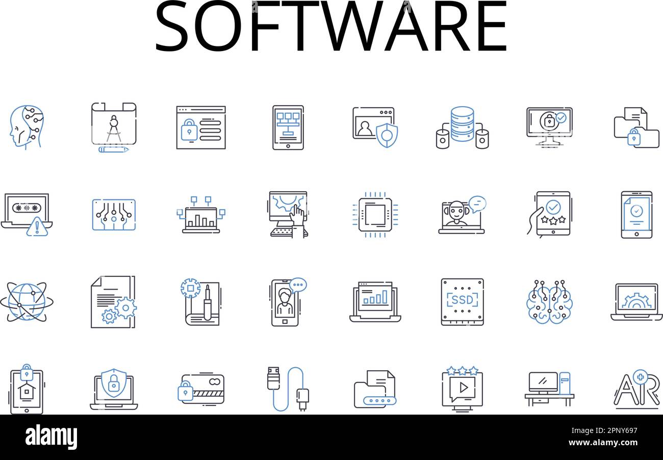 Symbolsammlung für Software-Zeilen. Hardware, Technologie, Programm, Anwendung, Codebase, Plattform, Systemvektor und lineare Darstellung. Firmware Stock Vektor