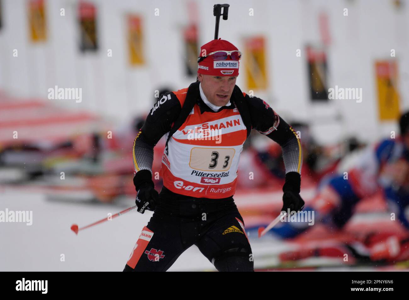 Carsten Pump, Aktion, Biathlon-Weltmeisterschaft in Hochfilzen 4 x 7,5KM Staffel der Männer 9.12.2007, Staffel Stockfoto