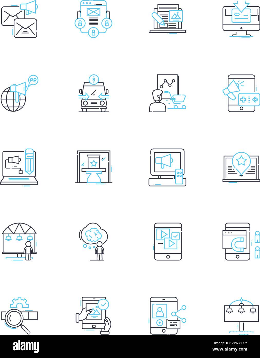 Lineare Symbole für Marketingtaktiken. Branding, Werbung, Werbeaktionen, Vertrieb, Targeting, Linienvektor für Strategie, soziale Medien und Konzeptzeichen. Inhalt Stock Vektor