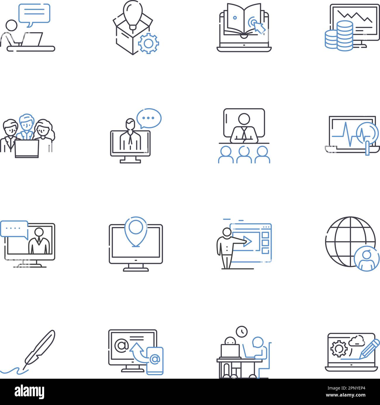 Symbolsammlung für Kommunikations- und Interaktionszeilen. Verbindung, Zusammenarbeit, Verständnis, Klarheit, Ausdruck, Einfühlungsvermögen, zwischenmenschlicher Vektor und Stock Vektor