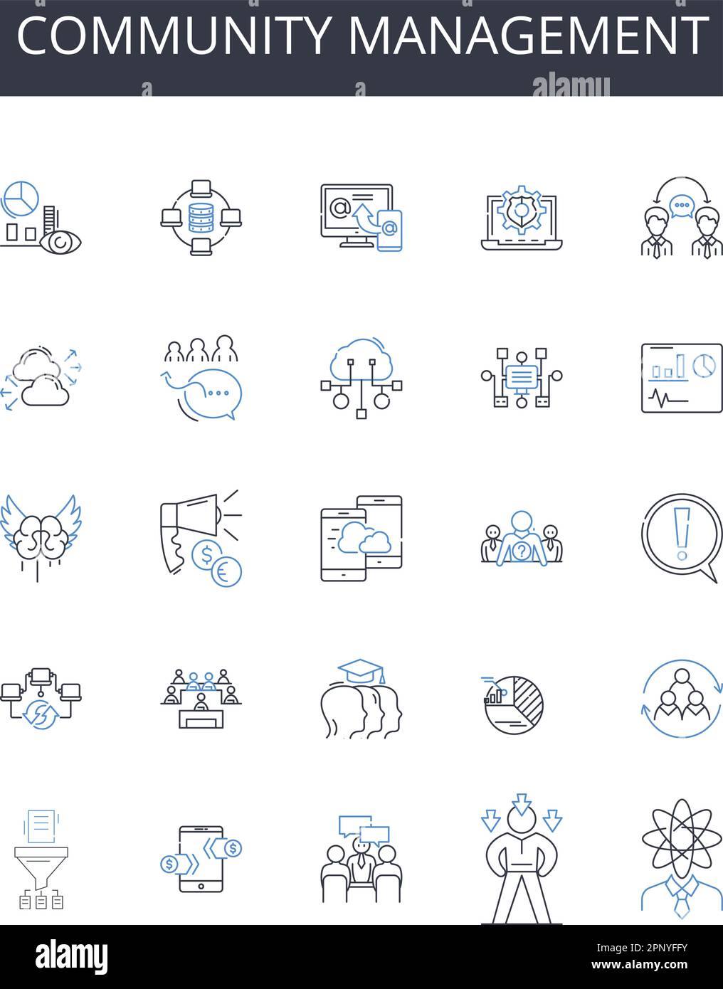 Sammlung der Liniensymbole der Community-Verwaltung. Vorschriften, Gesetze, Richtlinien, Reformen, Governance, Bürokratie, Steuervektor und lineare Darstellung Stock Vektor