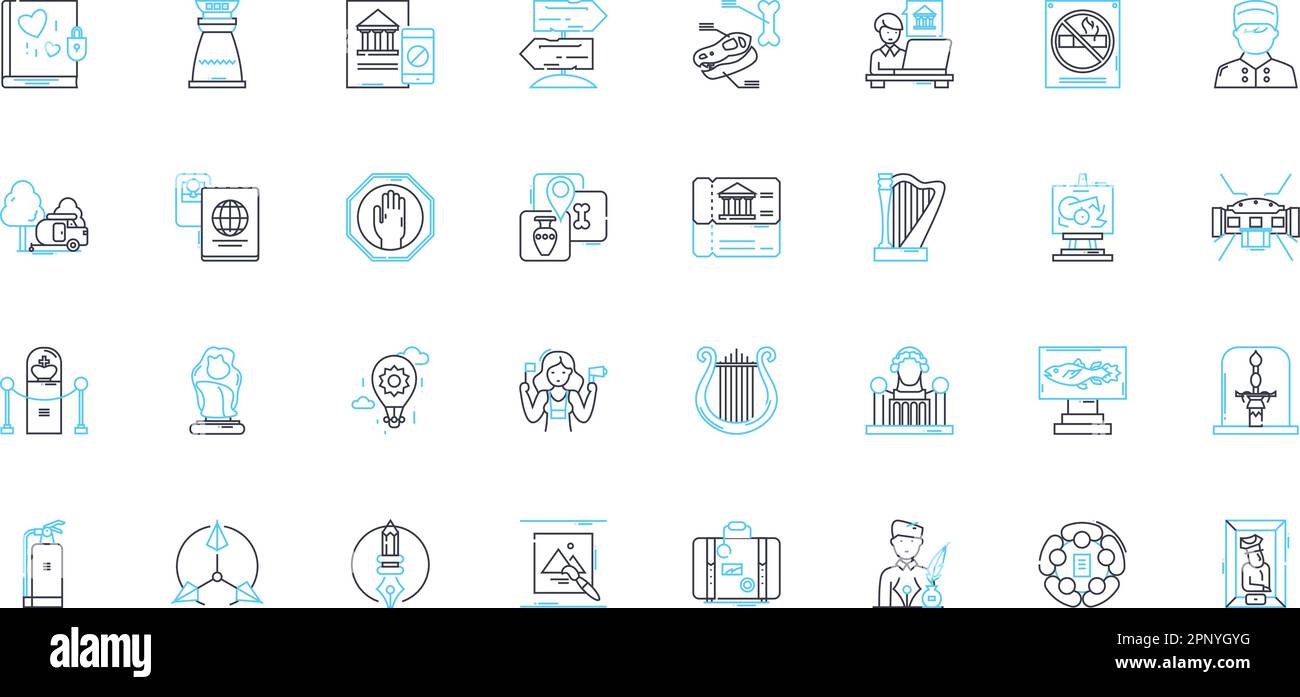 Kunstausstellungen Lineare Symbole gesetzt. Zeitgenössisch, Galerie, Ausstellung, Malen, Skulptur, Installation, Mixed-Media-Linienvektor und Konzeptzeichen Stock Vektor