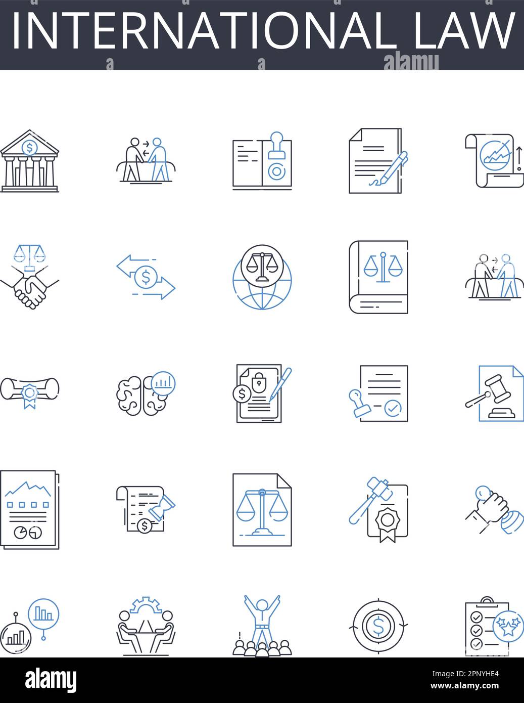 Icons-Sammlung für internationale Rechtslinien. Seerecht, Unternehmensfinanzierung, Umweltwissenschaft, Politikwissenschaft, geistiges Eigentum, Kriminell Stock Vektor