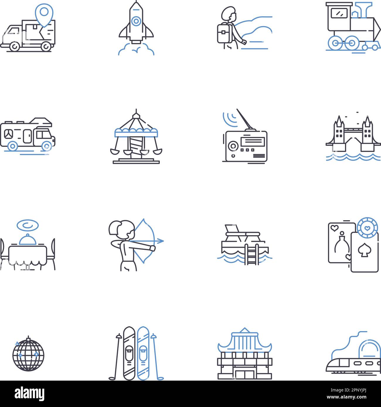 Kollektion mit Symbolen für Kreuzfahrtlinien. Abenteuer, Reiseziel, Entspannung, Luxus, Spaß, Hospitality, Entertainment Vector und lineare Illustration. Romantik Stock Vektor