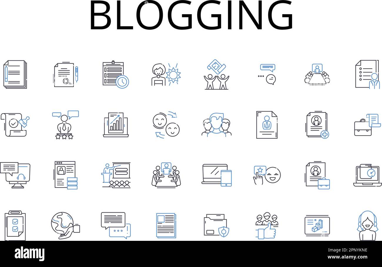 Sammlung von Symbolen für die Blogging-Zeile. Vlogging, Sozialisieren, Podcasting, Artikel schreiben, Inhaltserstellung, Journaling, Online-Schreibvektor und linear Stock Vektor