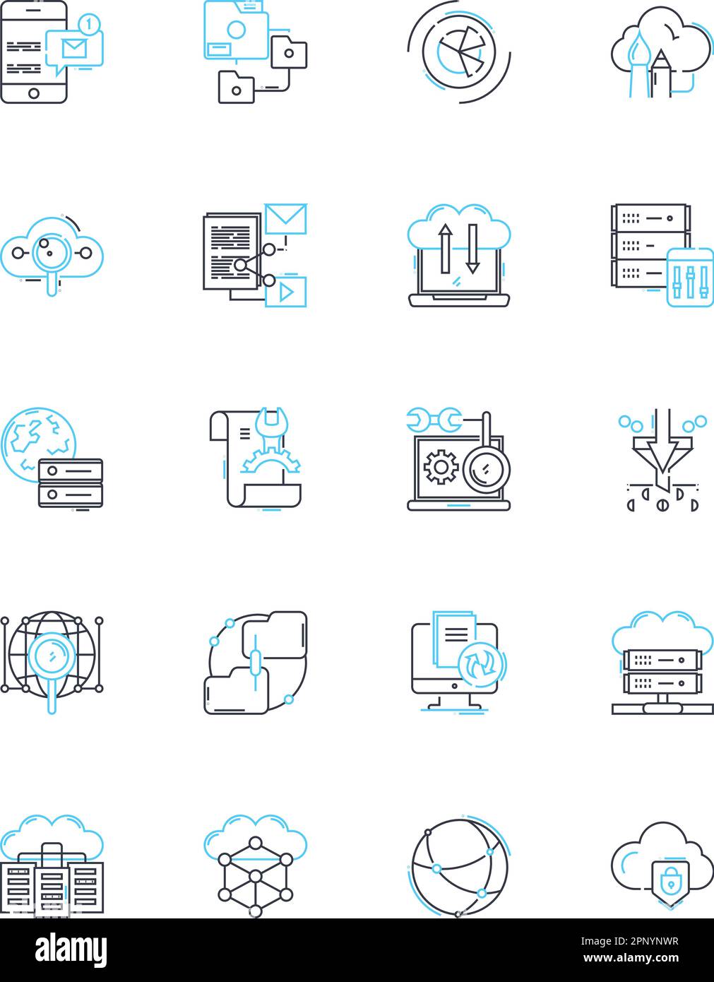 Lineare Symbole für Data Mining festgelegt. Analyse, Clustering, Korrelation, Entscheidung, Erkennung, Extraktion, Assoziationslinienvektor und Konzeptzeichen Stock Vektor