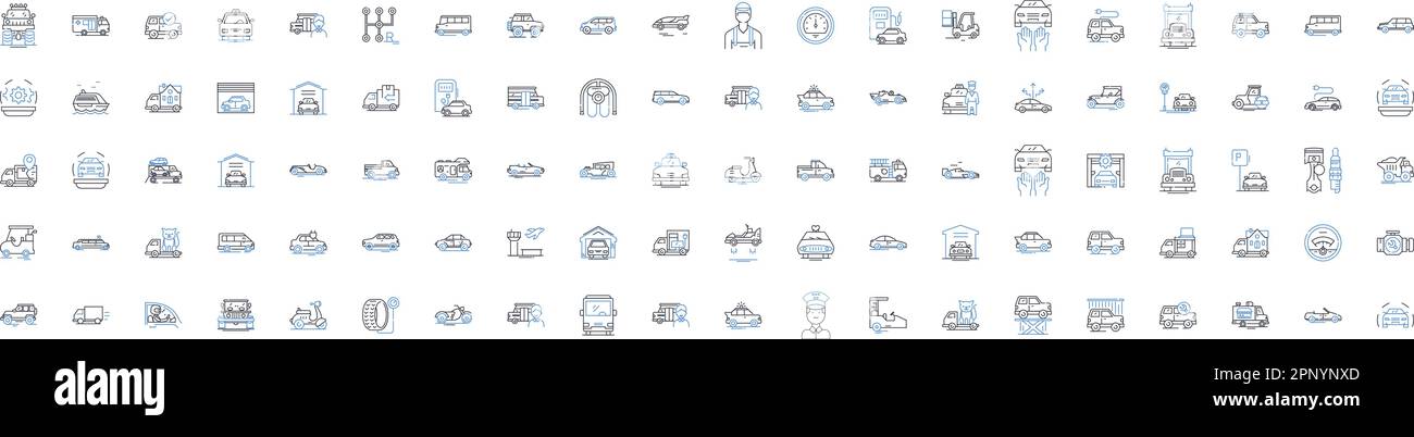 Automobile Line Icons Kollektion. Motor, Getriebe, Aufhängung, Bremsen, Reifen, Lenkung, Benzinvektor und lineare Darstellung. Diesel, Elektro Stock Vektor