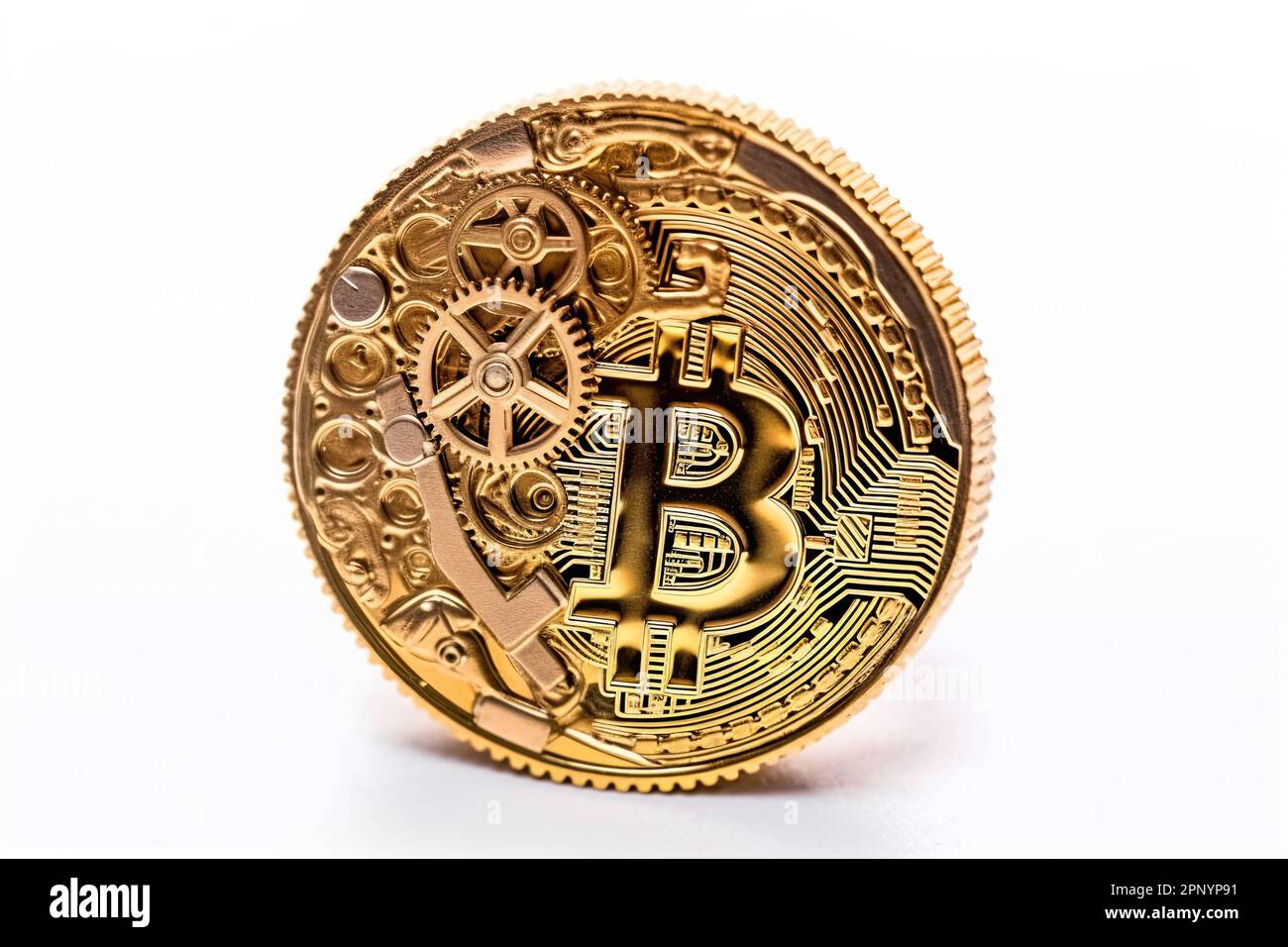 Bitcoin-Innenarbeiten der Kryptowährung isoliert auf Weiß. Eine goldene  Münze aus mechanischen Zahnrädern, die den dahinter liegenden komplexen  Mechanismus symbolisiert Stockfotografie - Alamy