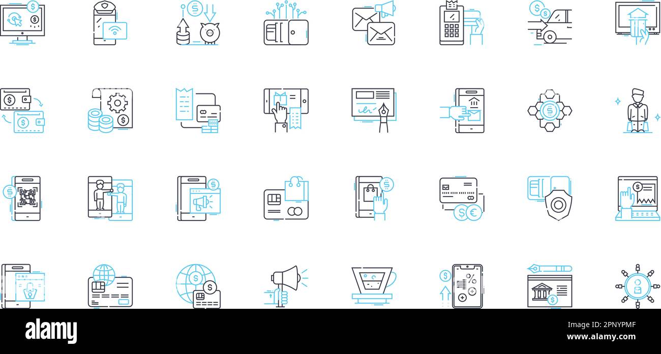 Lineare Symbole für elektronische Übertragung eingestellt. Überweisung, Elektronisch, Zahlung, Transaktion, Bank, Geldmittel, Leitungsvektor und Konzeptzeichen. E-Transfer, Digital Stock Vektor