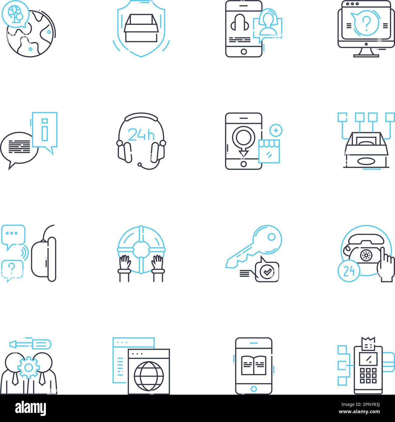 Lineare Symbolgruppe für Elementhilfe. Assistance, Support, Guidance, Helpdesk, Customer Service, Fehlerbehebung, Abfragen von Linienvektoren und Konzeptzeichen Stock Vektor