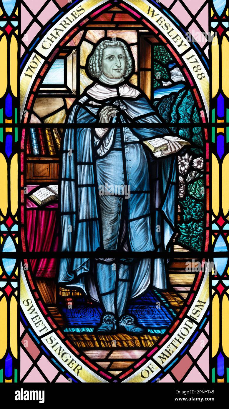 Charles Wesley, Evangelist und Hymnist, mit einem Hymnenbuch, Whalley Methodist Church, Whalley, Lancashire Stockfoto
