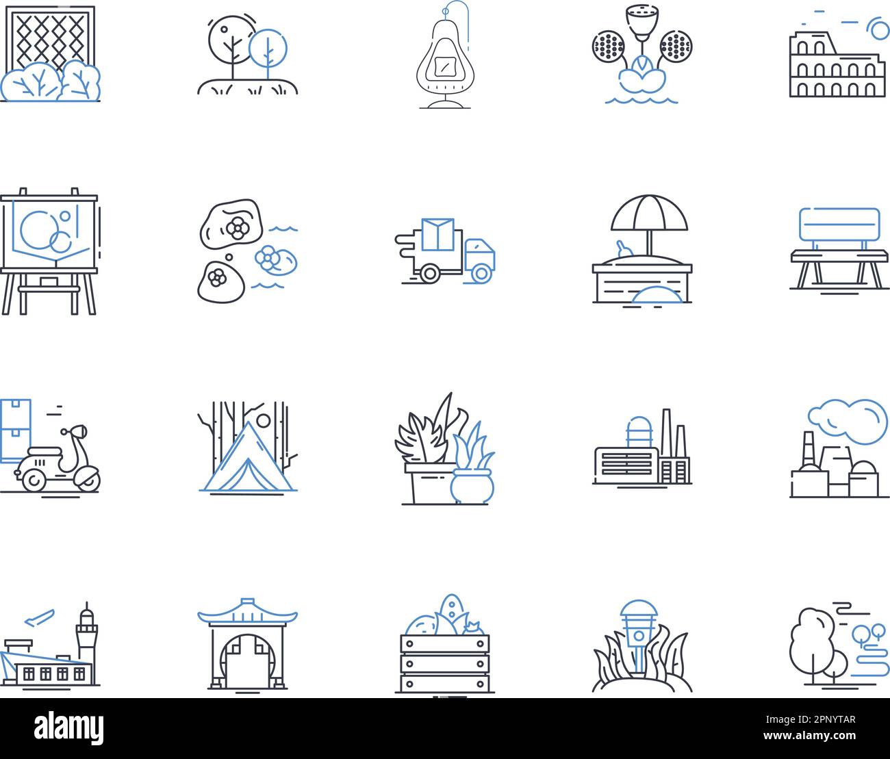 Erweiterte Symbolsammlung für Gartenlinien. Progressiv, innovativ, experimentell, High-Tech, futuristisch, Modernste, moderne und lineare Vektoren Stock Vektor