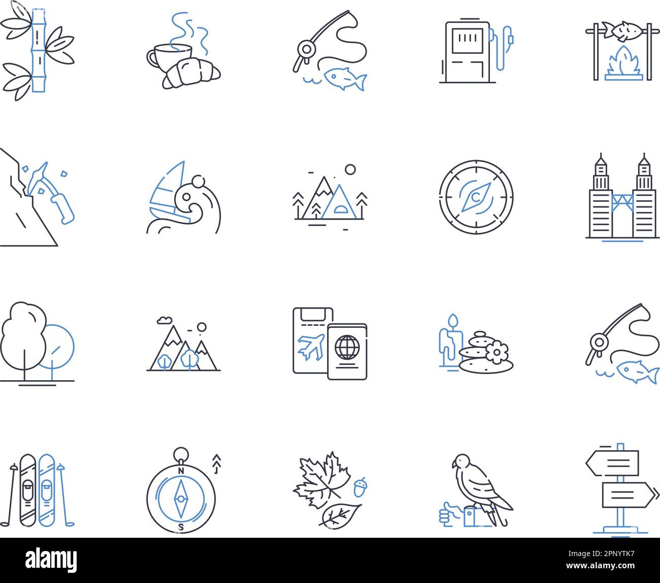 Aufregende Trek Line Icons Kollektion. Abenteuer, Landschaft, Herausforderung, Nervenkitzel, Entdeckungsreise, Natur, Gipfelvektor und lineare Darstellung. Entdeckung Stock Vektor