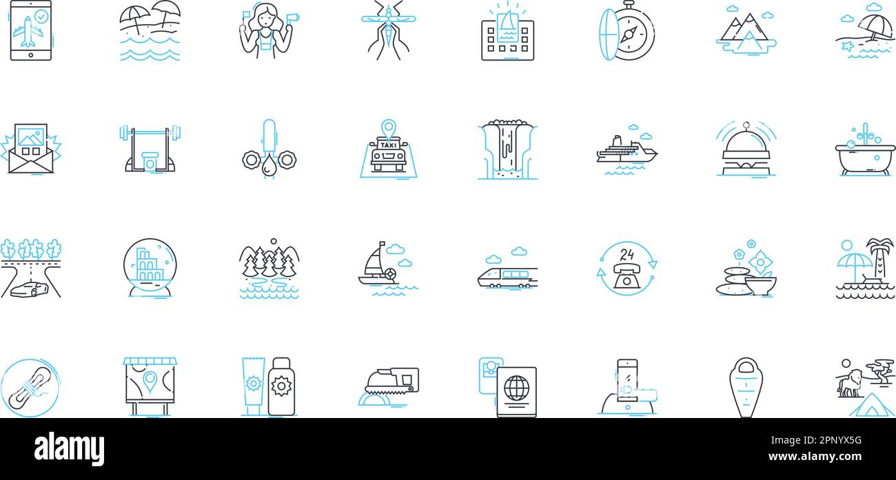 Lineare Symbole für Arbeitsausflüge festgelegt. Abenteuer, Teambildung, Nerking, Spaß, Bindung, Lern-, Produktivitäts-Liniendiagramm- und Konzeptschilder. Entspannung Stock Vektor