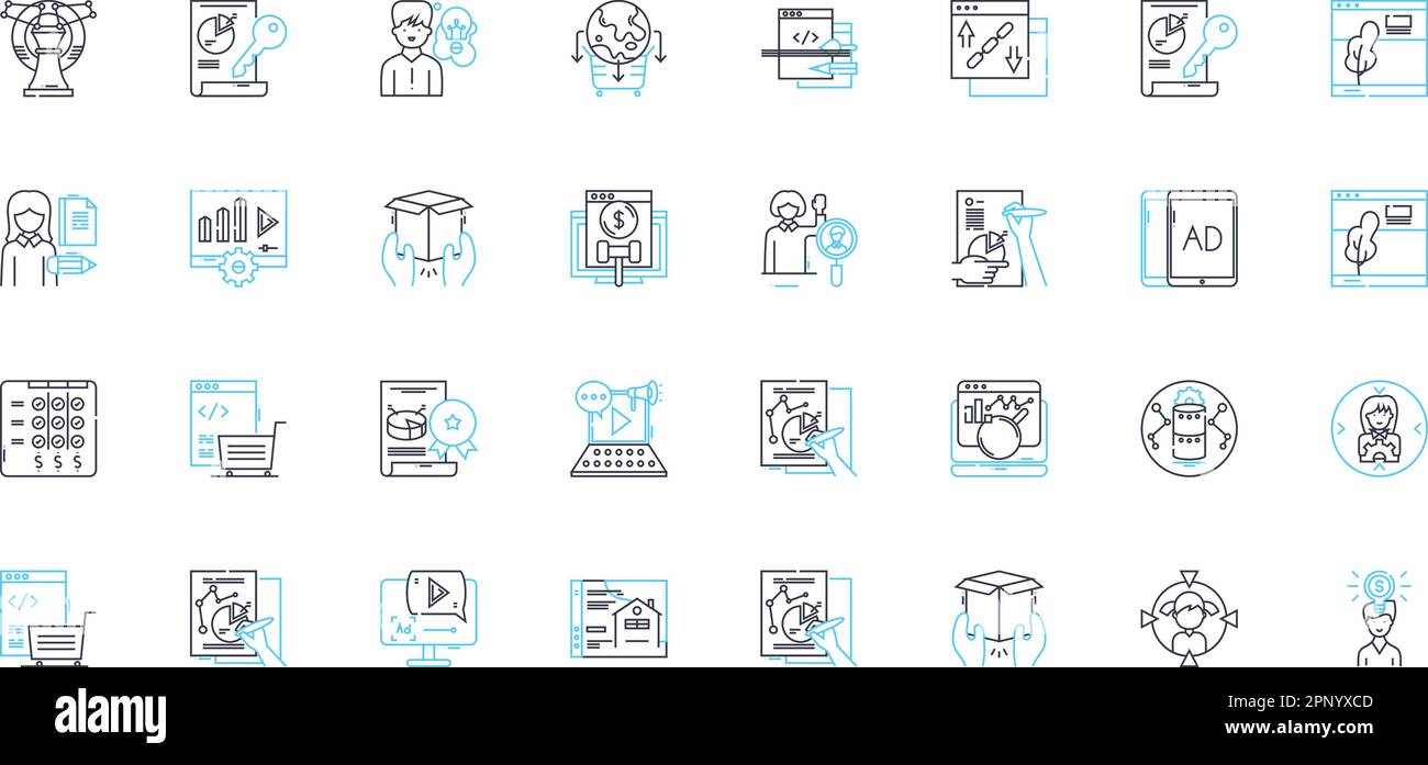 Lineare Symbole für Marktstrategie gesetzt. Positionierung, Zielgruppenansprache, Branding, Segmentierung, Differenzierung, Mitbewerber, Analyse Linienvektor und Konzeptzeichen Stock Vektor