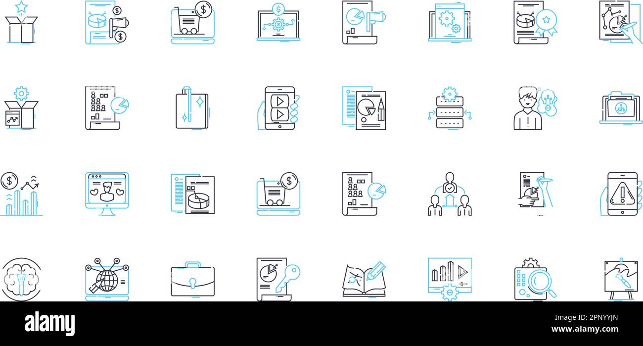 Lineare Symbole für die Informationsverarbeitung festgelegt. Abruf, Verwaltung, Verarbeitung, Speicherung, Verteilung, Organisation, Zugangslinienvektor und Konzeptzeichen Stock Vektor