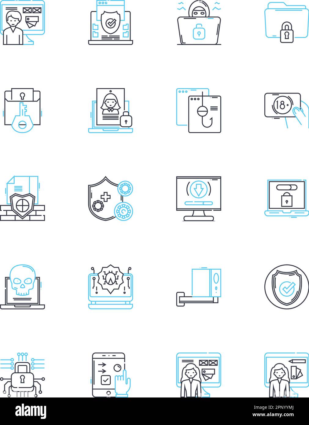 Lineare Überwachungssymbole eingestellt. Überwachung, Beobachtung, Untersuchung, Datenschutz, Nachverfolgung, Wachsamkeit, Spionagelinienvektor und Konzeptzeichen Stock Vektor