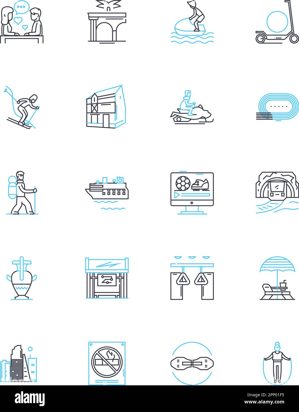 Physische Hobbys Lineare Symbolgruppe. Yoga, Joggen, Radfahren, Schwimmen, Wandern, Klettern, Gewichtheben, Linienvektor und Konzeptschilder. Boxen, Tanzen Stock Vektor