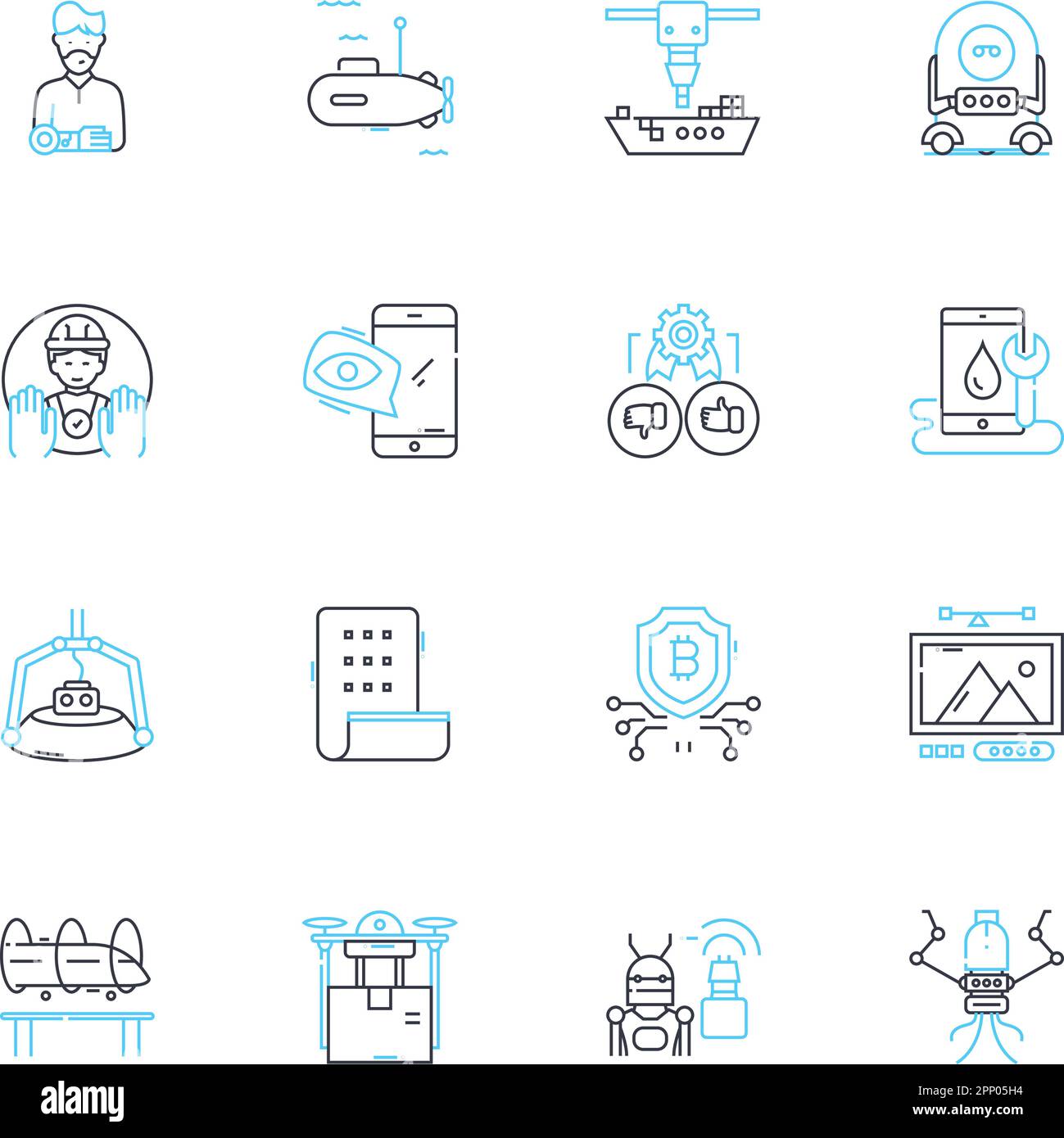 Innovative Technologien linearer Symbolsatz. Automatisierung, Erweitert, virtuell, Nanotechnologie, maschinelles Lernen, Cloud-Computing, Biotechnologie-Linienvektor Stock Vektor