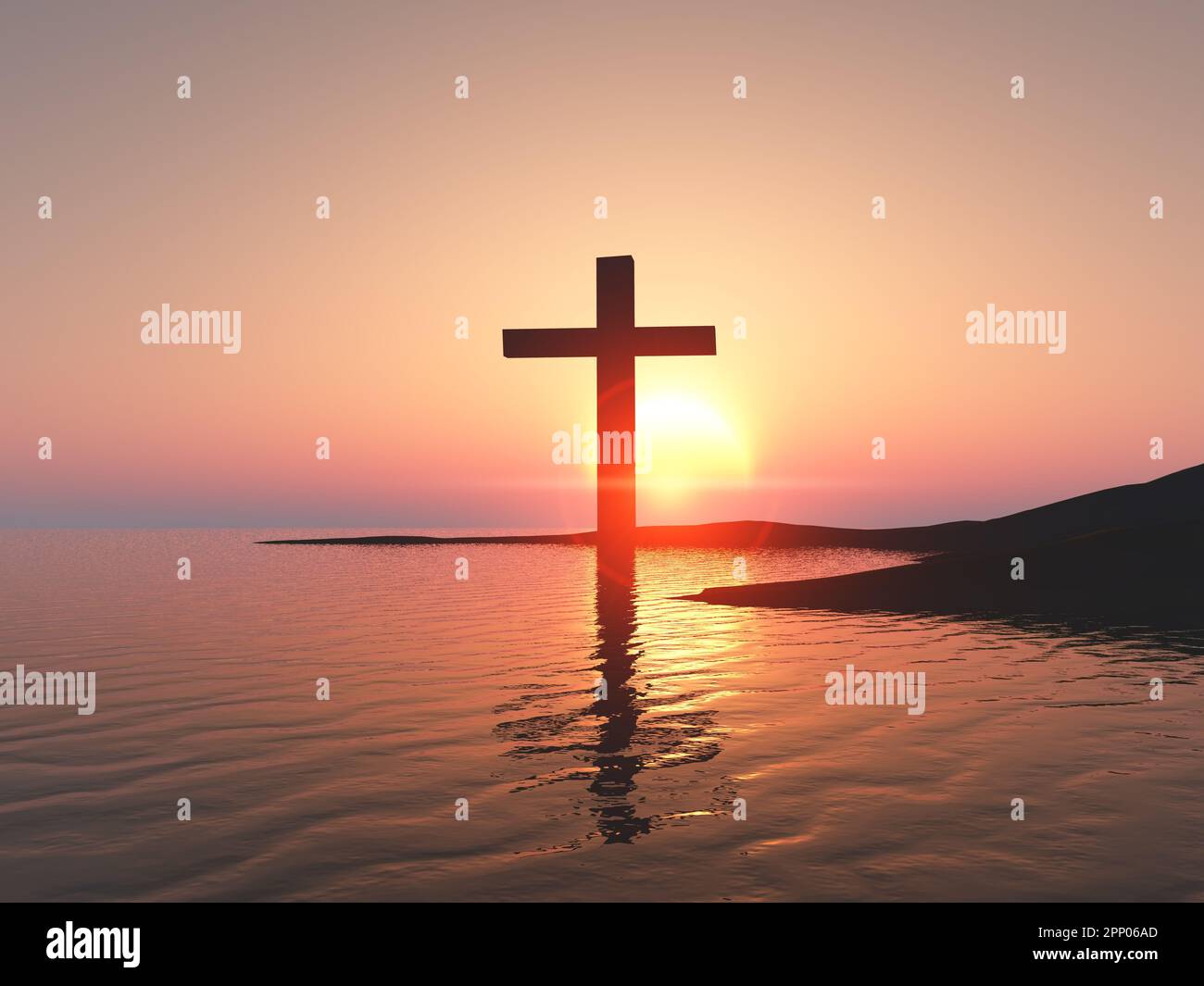 3D Wiedergabe eines Karfreitags-Hintergrunds mit Kreuz vor dem Sonnenuntergang Stockfoto