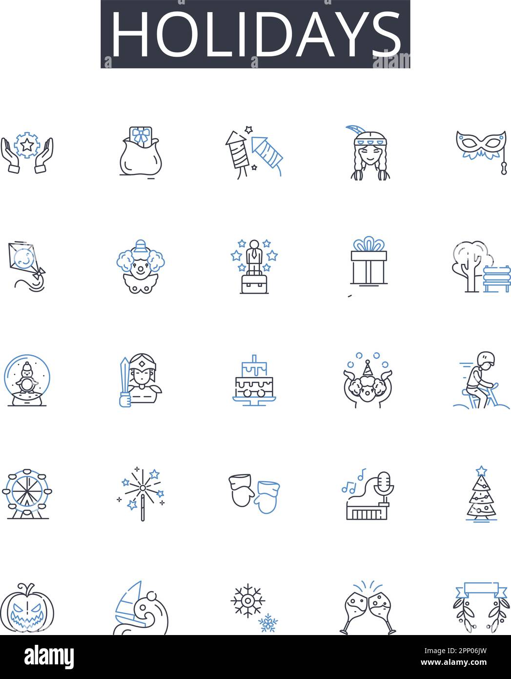 Kollektion mit Symbolen für Feiertage. Urlaub, Kurzurlaube, Festivals, Feierlichkeiten, Pausen, Rückzüge, Zeitabwesenheitsvektor und lineare Darstellung. Ausflüge Stock Vektor