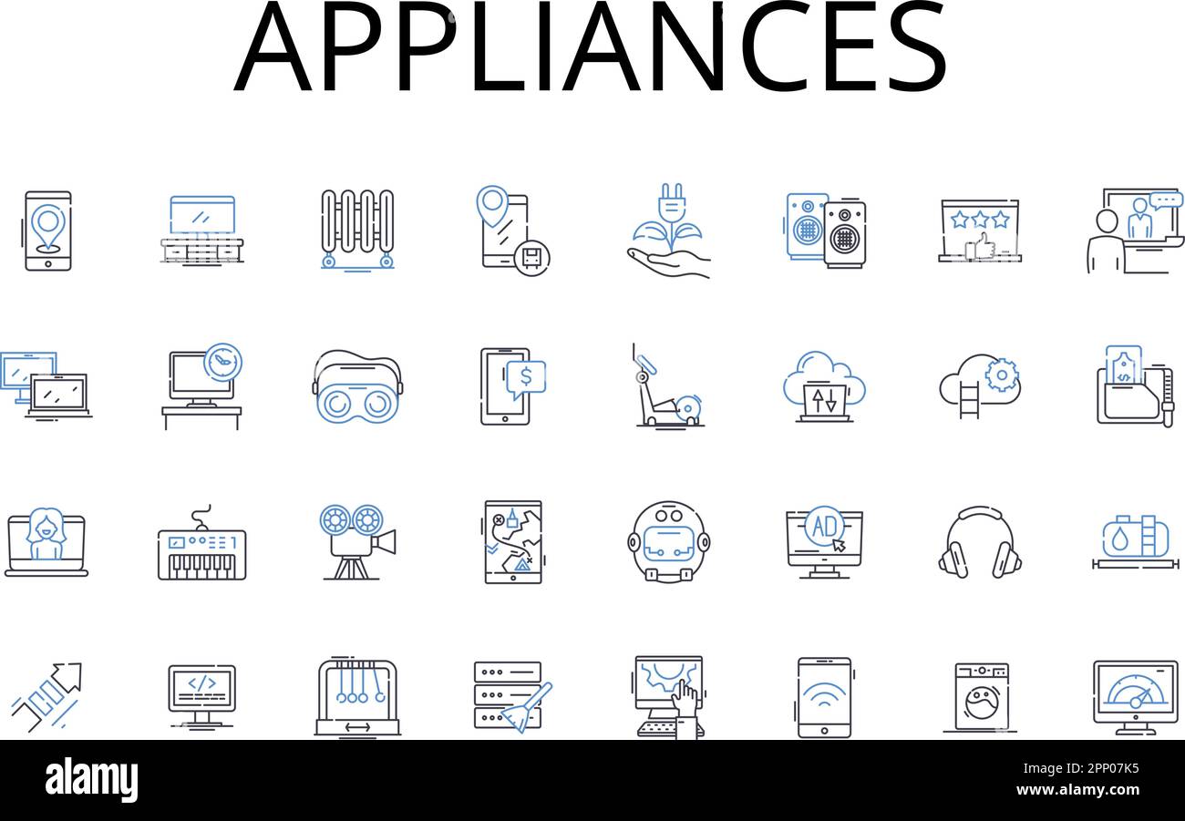 Symbolsammlung für die Appliances-Zeile. Gadgets, Elektronik, Geräte, Geräte, Instrumente, Maschinen, Werkzeuge, Vektor und lineare Darstellung. Technologie Stock Vektor