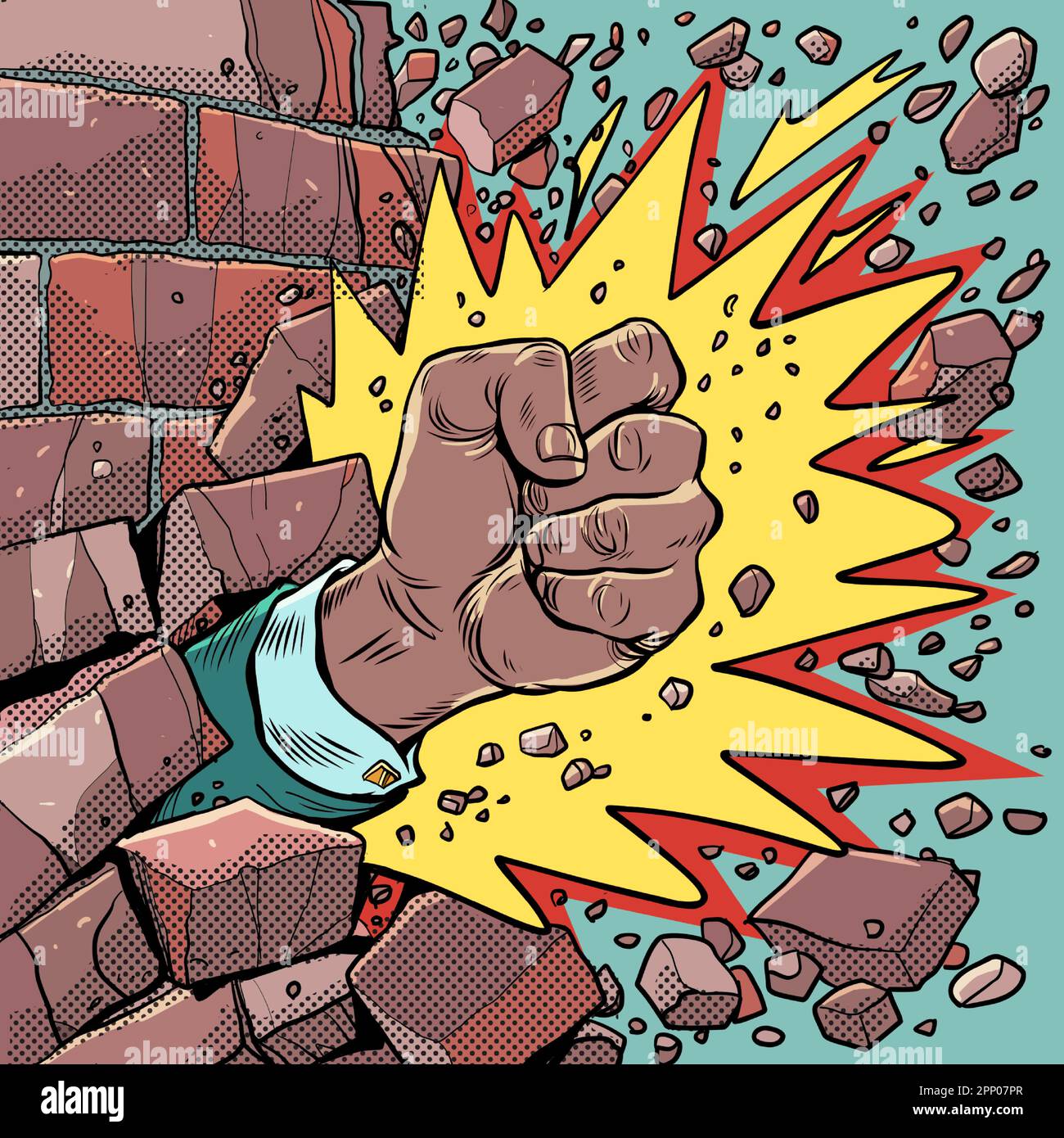 Durchbrechen Sie Barrieren. Stärke des Geistes. Eine afroamerikanische Männerfaust mit einer Explosion bricht die Mauer. Pop Art Retro Stock Vektor