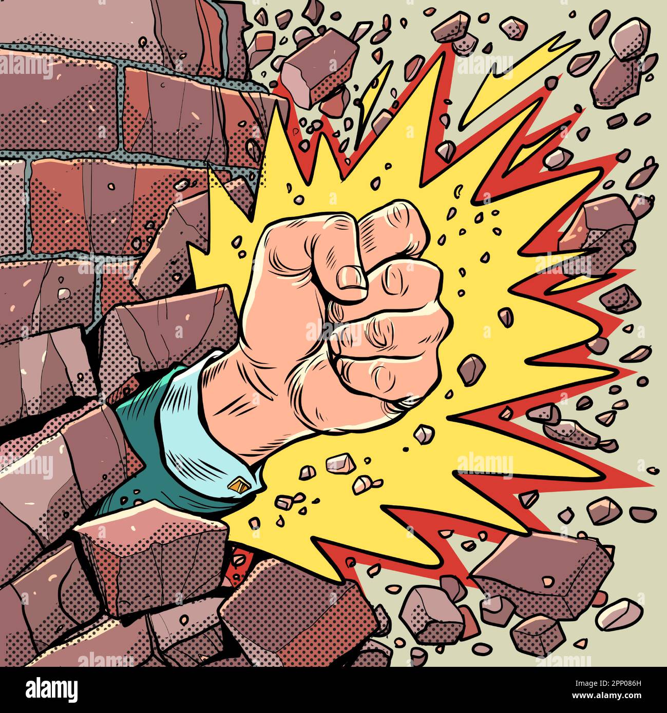 Durchbrechen Sie Barrieren. Stärke des Geistes. Eine männerfaust mit einer Explosion bricht die Wand. Pop Art Retro Stock Vektor