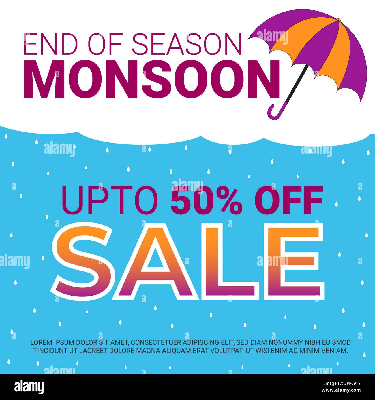 Saisonende Werbung für den Verkauf von Monsoon, Banner für den Verkauf von Monsoon Poster Banner-Design zur Verkaufsförderung Stockfoto