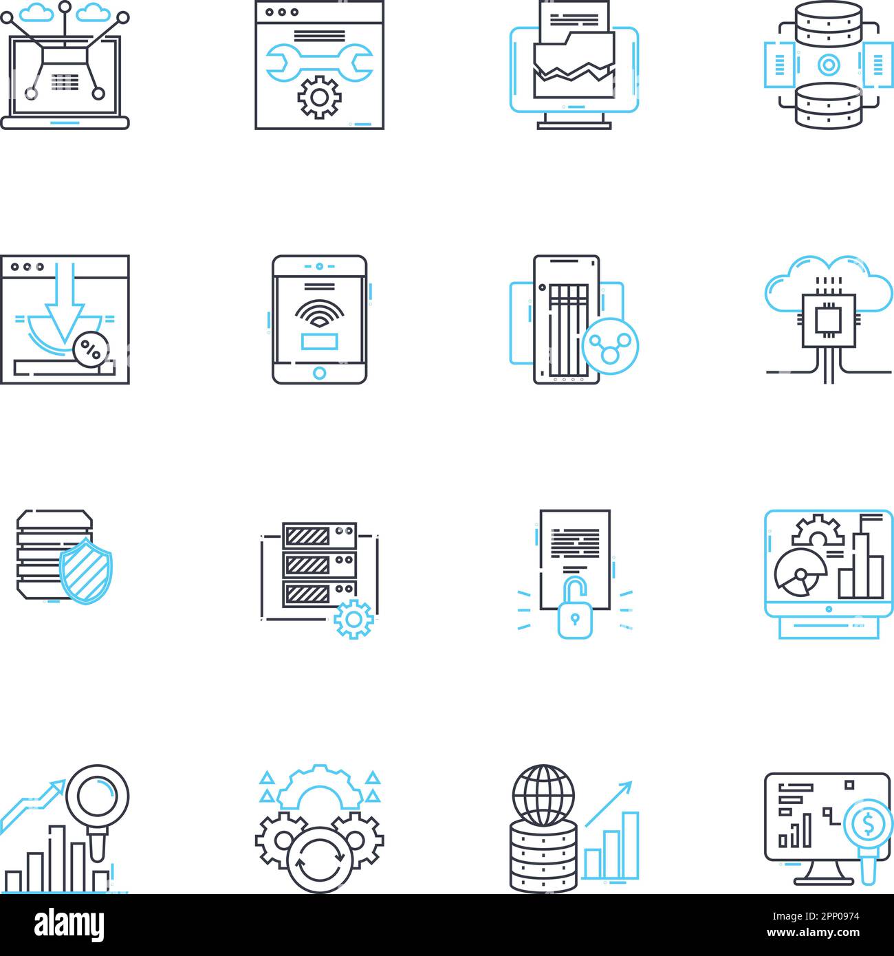 Lineare Symbole für soziale Forschung. Sampling, Analysis, Survey, Quantitative, Qualitative, Daten, demographische Linienvektoren und Konzeptzeichen Stock Vektor