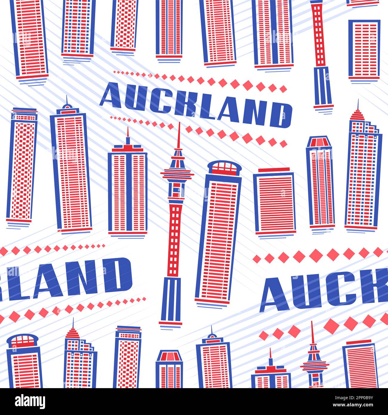 Vector Auckland Seamless Pattern, Hintergrund wiederholen mit Illustration der berühmten modernen auckland Stadtlandschaft auf weißem Hintergrund für Geschenkpapier, dez. Stock Vektor