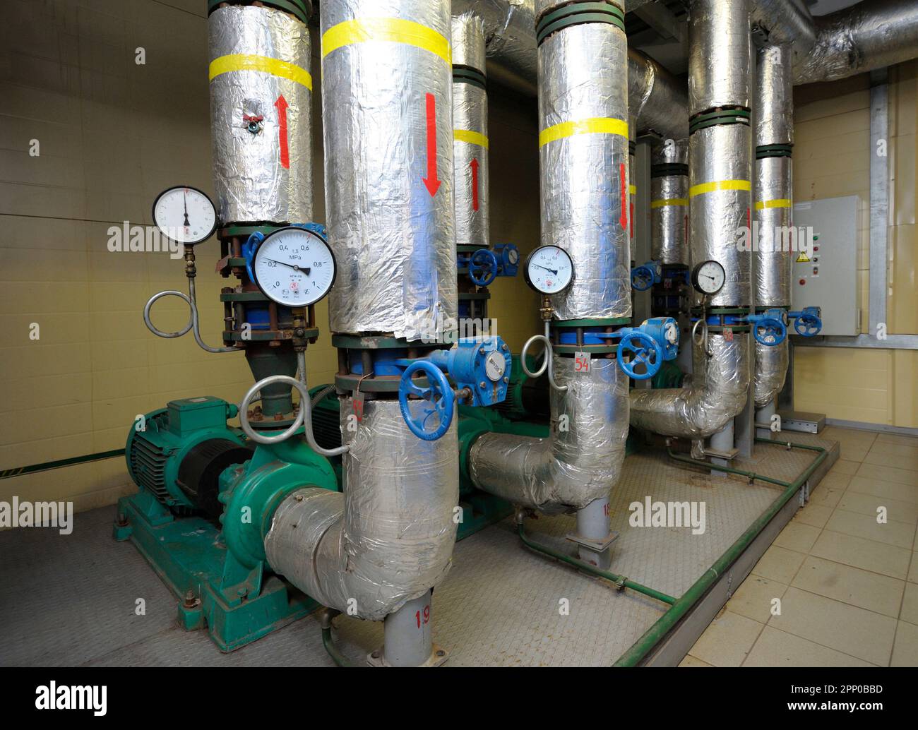 Nahaufnahme von Manometer, Schlauch, Durchflußmesser, Wasser Pumpen und  Ventile der Heizungsanlage in einem Kesselraum zu Hause. Systeme von  Wasser, Heizung von Häusern Stockfotografie - Alamy