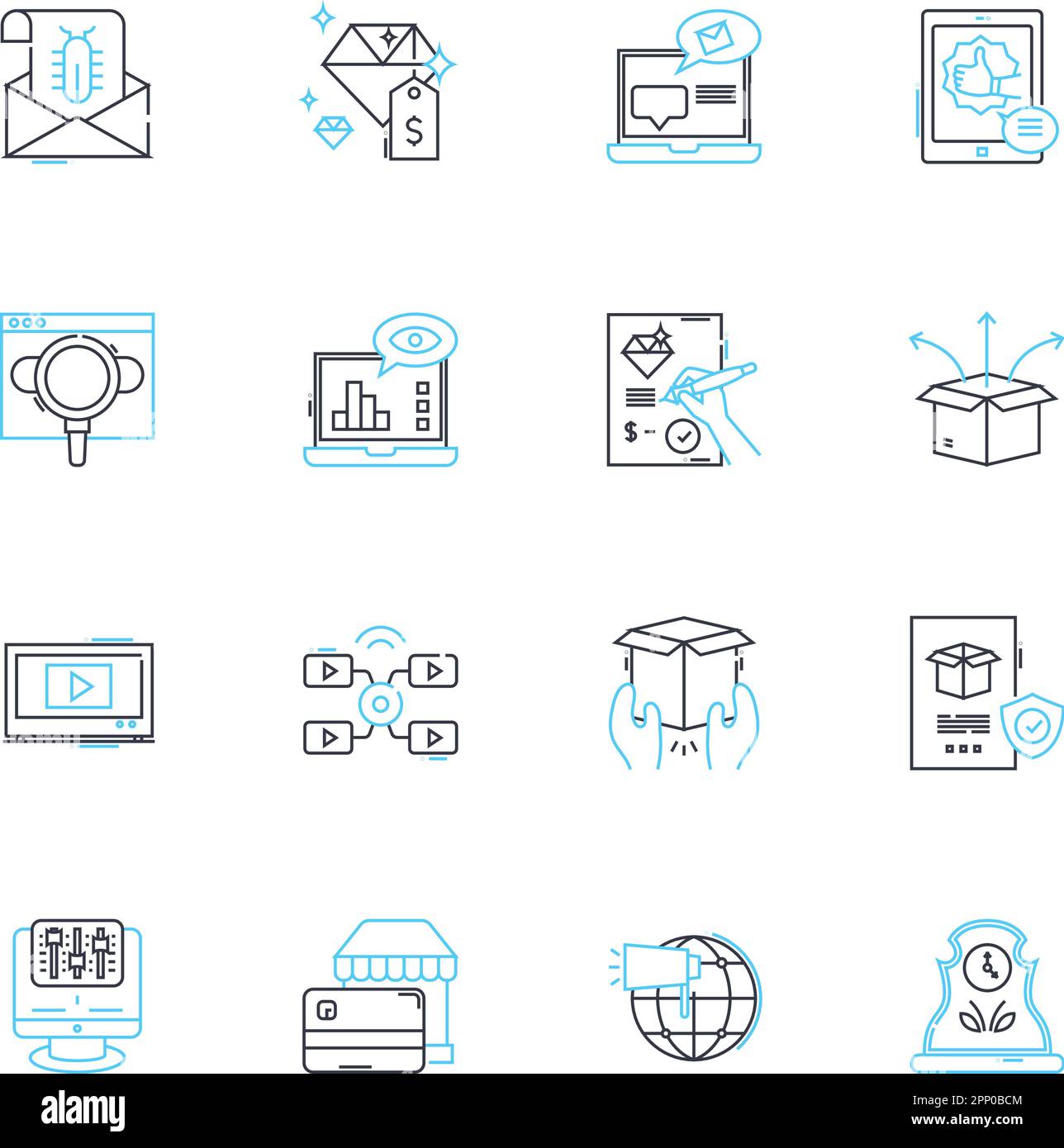 Lineare Symbole für Vertriebsagenturen. Neukundengewinnung, Kaltakquise, Verkaufsgespräch, Verhandlung, Abschluss, Lead-Generierung, Pipeline-Management-Line-Vektor und -Konzept Stock Vektor