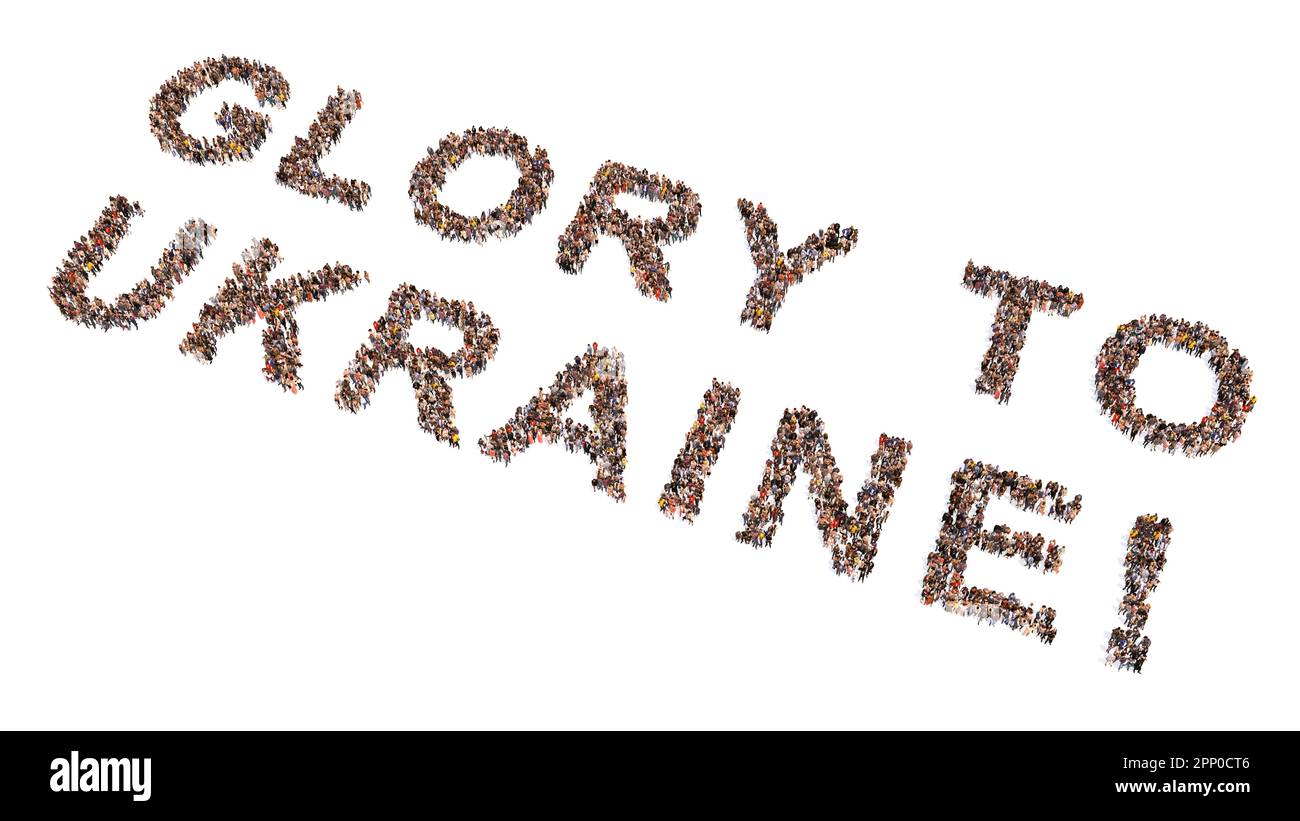 Begriffliche Gemeinschaft der Menschen, die DER UKRAINE RUHM verleihen! Nachricht. 3D Illustration Metapher für Patriotismus, Entschlossenheit, Motivation, Mut Stockfoto