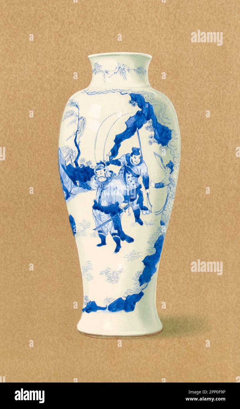 K'ang-Hsi Blaue und Weiße Vase (P’ing) in anmutiger länglicher ovoider Form, in leuchtendem Blau dekoriert, im Stil und in der Farbe der besten K'ang-hsi-Periode (1662-1722), das Bild stellt offenbar eine dramatische Szene dar. Ein Reisender in offizieller Kleidung kniet im Vordergrund auf einem Flussufer, an dem das Boot vertäut ist, von dem er gerade gelandet ist, und sein Schirm und Bündel werden in der Nähe auf den Boden geworfen. Eine Kampffigur steht vor ihm, mit der Hand auf dem Griff seines Schwertes, dem Helden des Stückes, Indi¬, gekennzeichnet durch die langen Fasanenfahnen in seinem Helm, der von zwei Soldaten begleitet wird Stockfoto