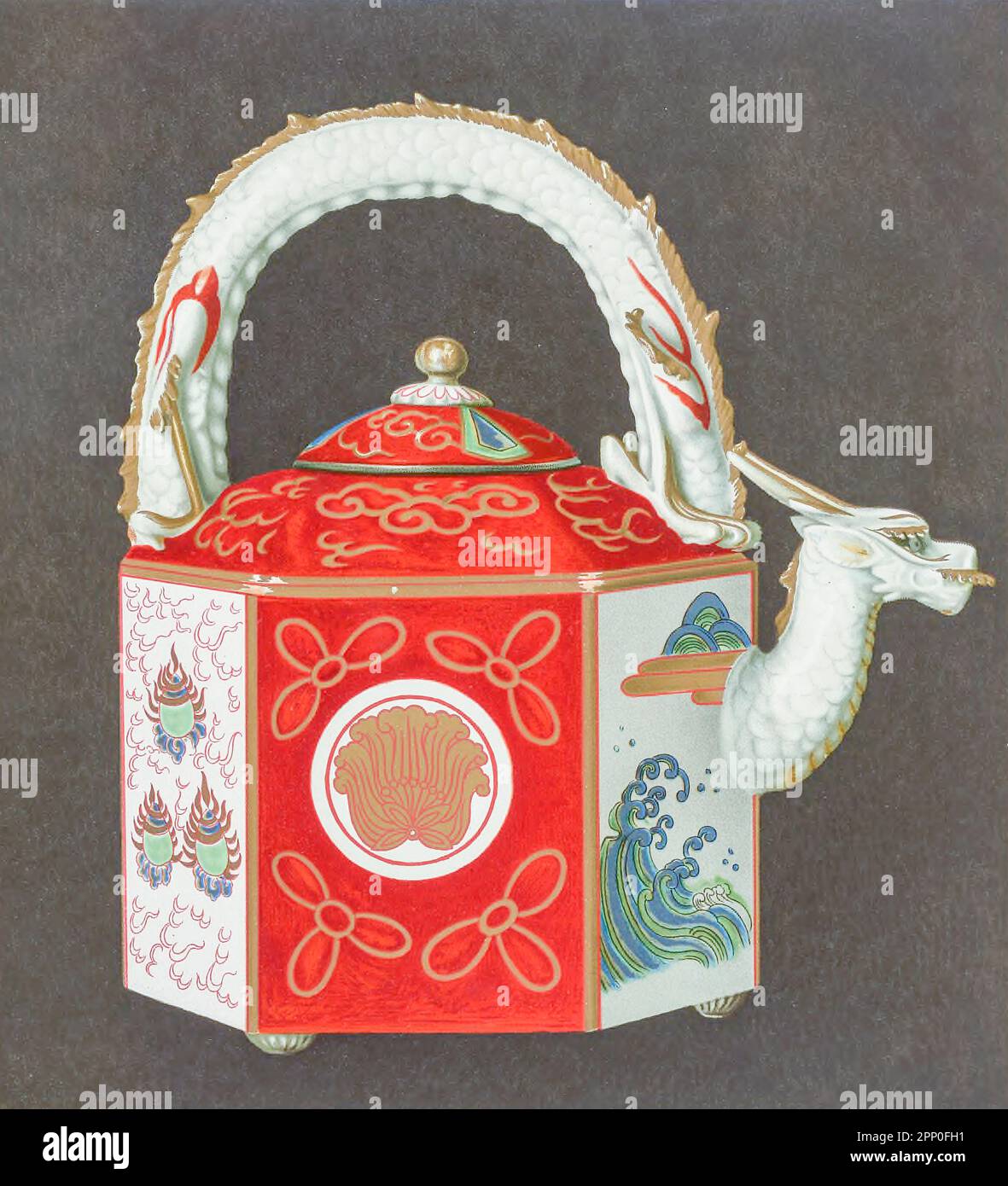 DER ALTE JAPANISCHE IMARI-Sake-Topf (Choshi), sechseckig, mit abgerundeter Spitze, dessen Griff der überragende schuppige Körper eines Drachen ist. Aber das Datum wäre etwa 1750 aus dem Buch " ORIENTAL CERAMIC ART COLLECTION OF William Thompson Walters ", veröffentlicht 1897 Stockfoto