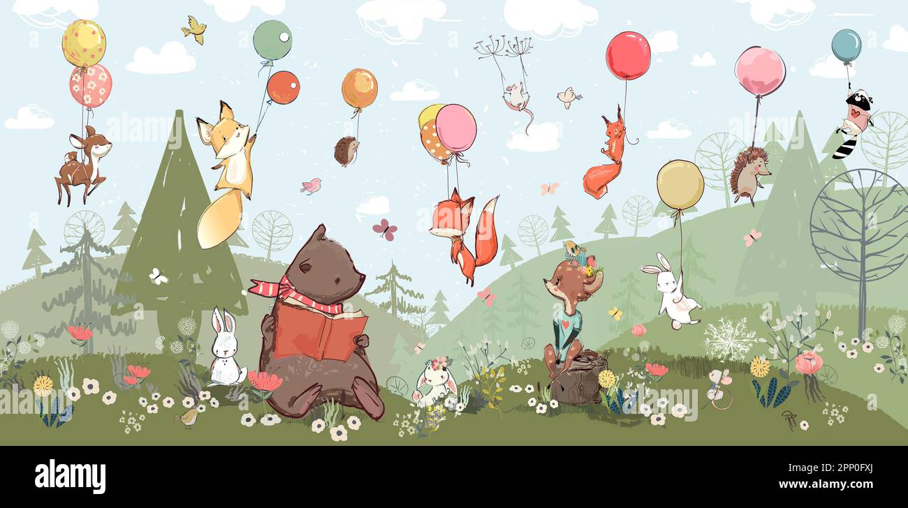 3D Tapeten Heißluftballons, die überfliegen Stockfoto