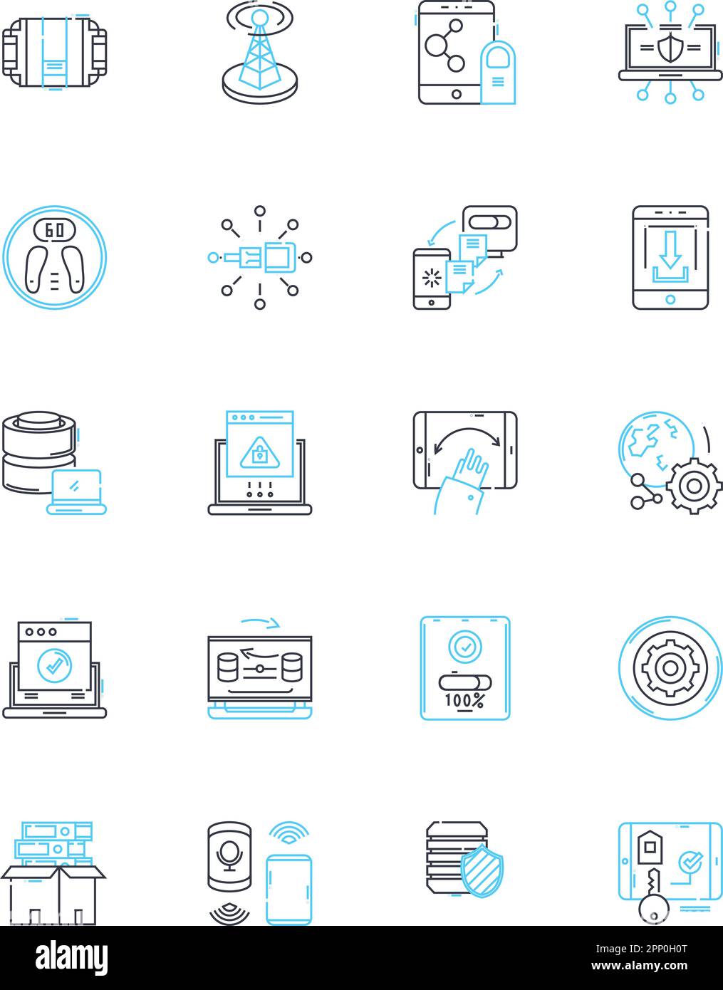 Lineare Symbole für Cybersicherheit festgelegt. Verschlüsselung, Firewall, Malware, Sicherheitsverstoß, Passwörter, Cyberkriminalität, Phishing-Linienvektor und Konzeptzeichen. Cyberangriff Stock Vektor