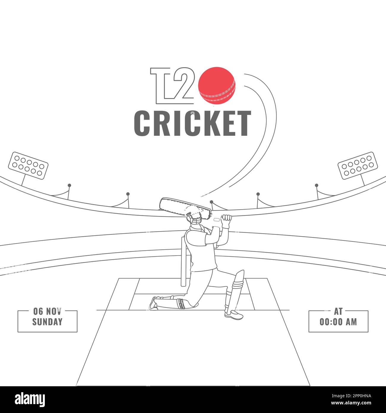 T20 Cricket Match-Konzept mit Doodle Style Schlagmann, der den Ball im Hintergrund des White Stadium schlägt. Stock Vektor